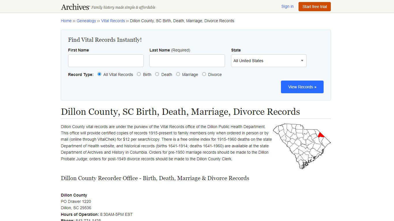 Dillon County, SC Birth, Death, Marriage, Divorce Records - Archives.com
